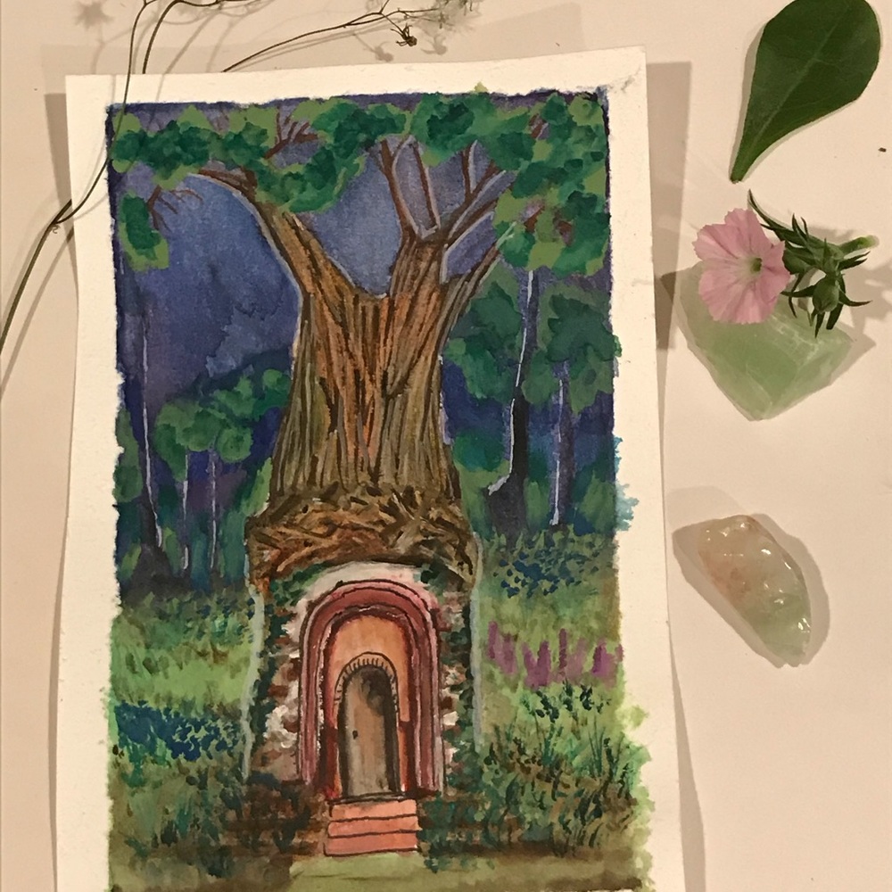 Original Painting watercolor gnome house  3.3” x5”